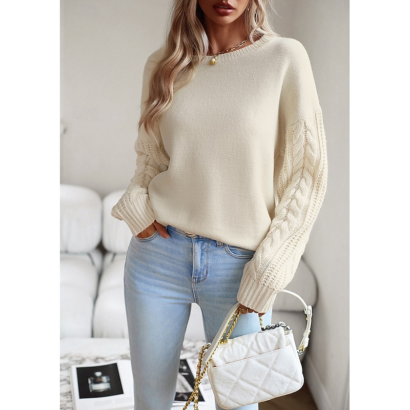 Women's Sweater Pullover Sweater Jumper Casual Sweater Fashion Streetwear Soft Solid Color Crew Neck Braided Long Sleeve Regular Tops Knit Work Weekend Black White Fall Winter3