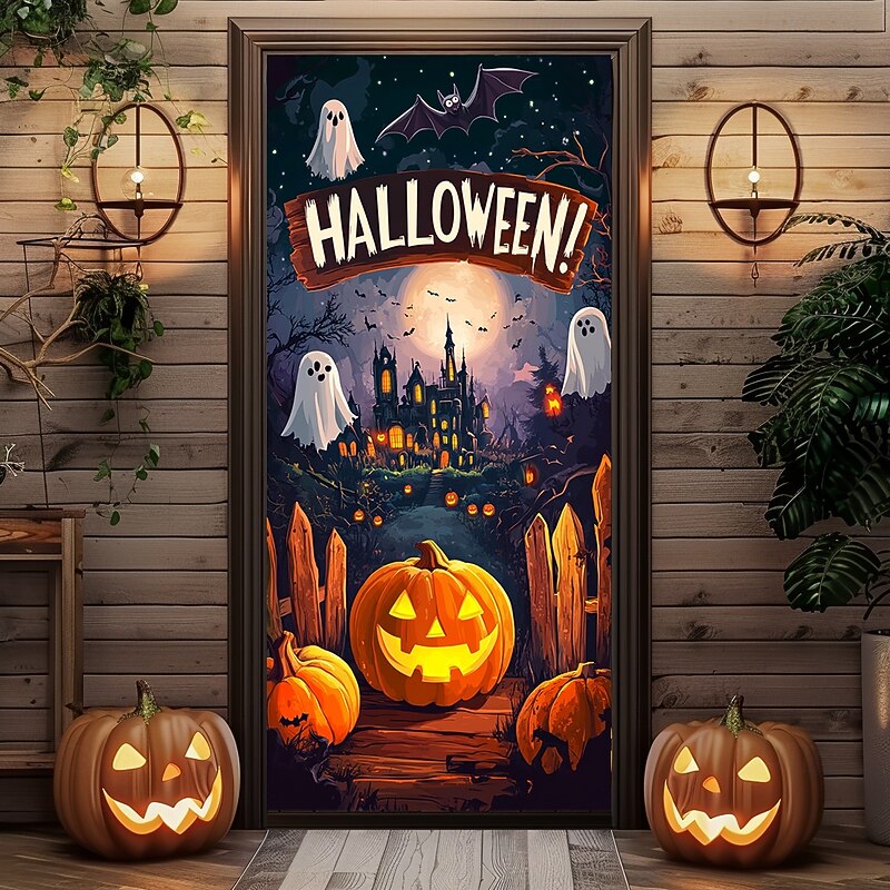 Halloween Door Decorations Halloween Door Covers Jack O Lantern Pumpkin Door Curtain Door Tapestry Decoration Backdrop Door Banner for Front Door Farmhouse Holiday Party Indoor Outdoor Decor Supplies
