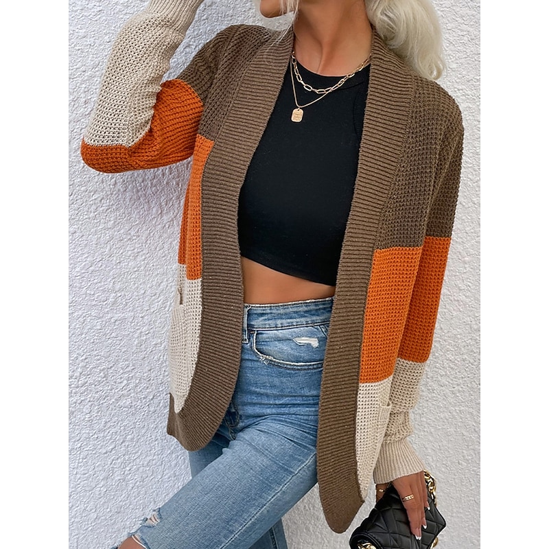 Women's Cardigan Casual Sweater Casual Soft Color Block V Neck Knitted Long Sleeve Regular Tops Knit Outdoor Daily Weekend Blue Brown Fall Winter