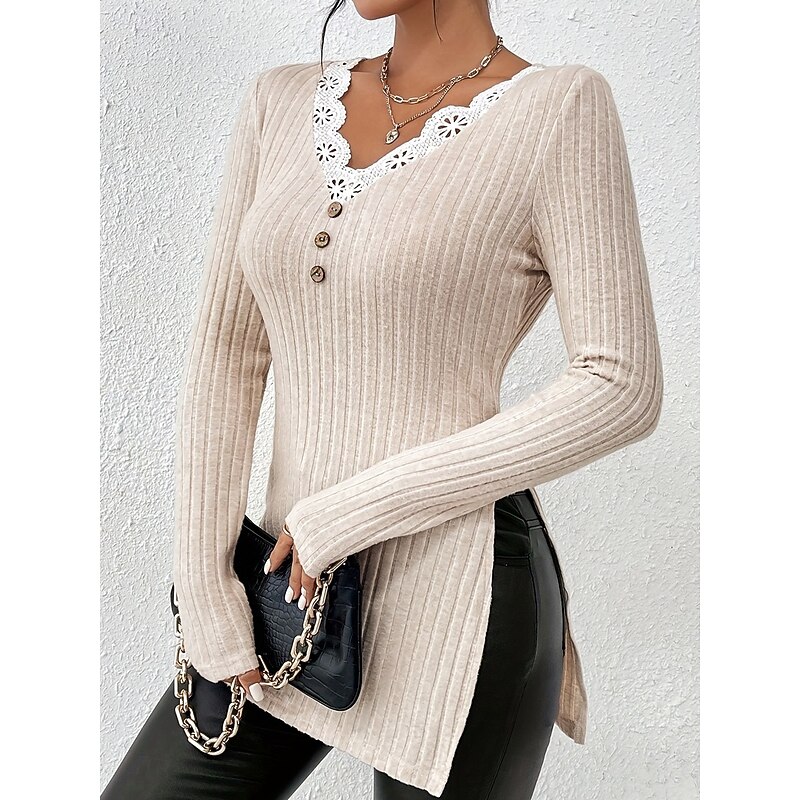 Women's White Elegant Lace Tops Eyelet Blouse Stylish Modern Solid Color Lace Long Sleeve Long Tops V Neck Work Daily Romantic Petite Tops Summer Holiday Wear White Spring Fall