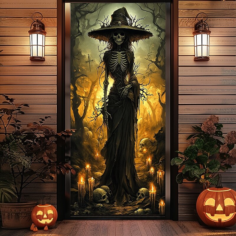 Halloween Door Decorations Halloween Door Covers Skeleton Witch Door Tapestry Door Curtain Decoration Backdrop Door Banner for Front Door Farmhouse Holiday Party Indoor Outdoor Decor Supplies4