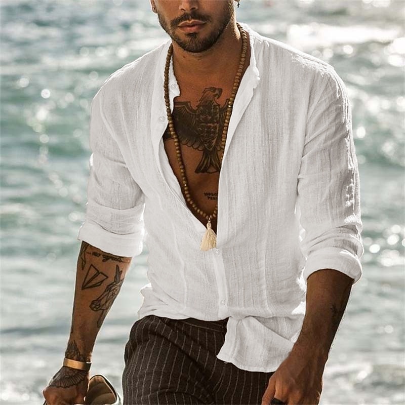 Men's Band Collar Shirt Summer Shirt Beach Wear Button Up Shirt Solid Color Vacation Curise Black White Gray Light Blue Long Sleeve Henley Spring &  Fall Clothing Apparel Button-Down2