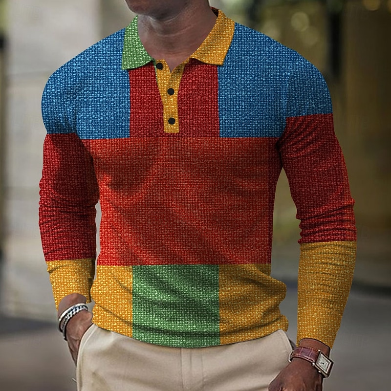 Men's Plaid Golf Shirt Long Sleeve Polo Shirts Collared Shirts Vintage Vacation Wear Formal Wear Festival Wear Buttons 3D Print Spring Fall Winter Brown2