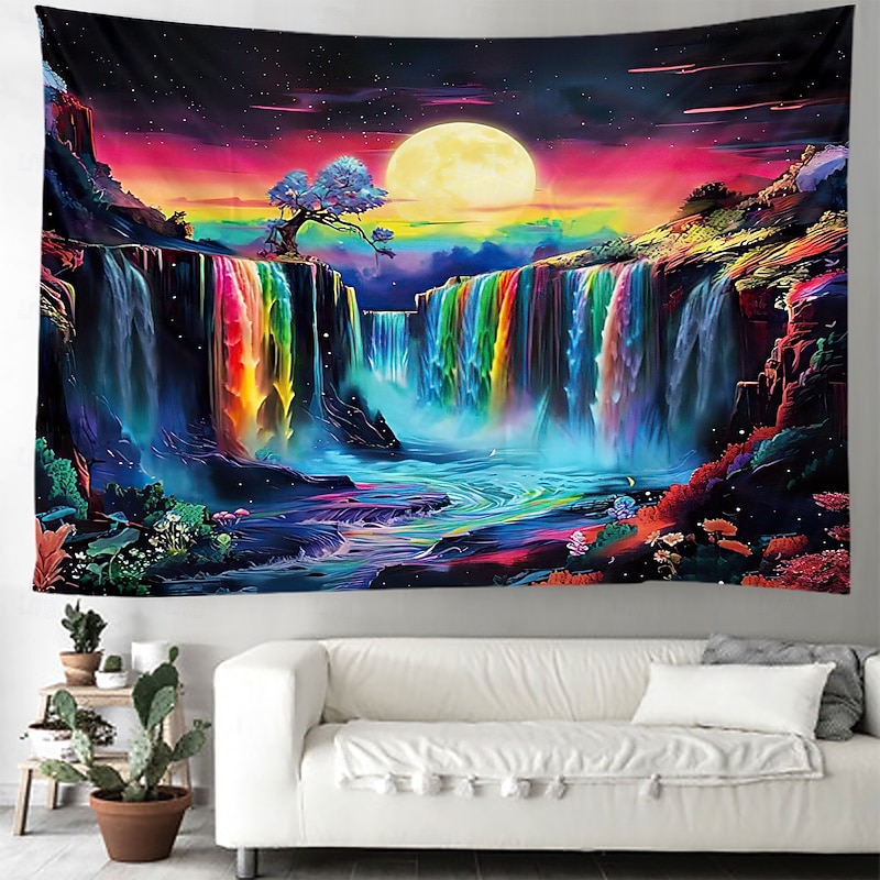 Blacklight Tapestry UV Reactive Glow in the Dark Glow Party Psychedelic Trippy Misty Colorful Waterfall Hanging Tapestry Wall Art Mural for Living Room Bedroom3