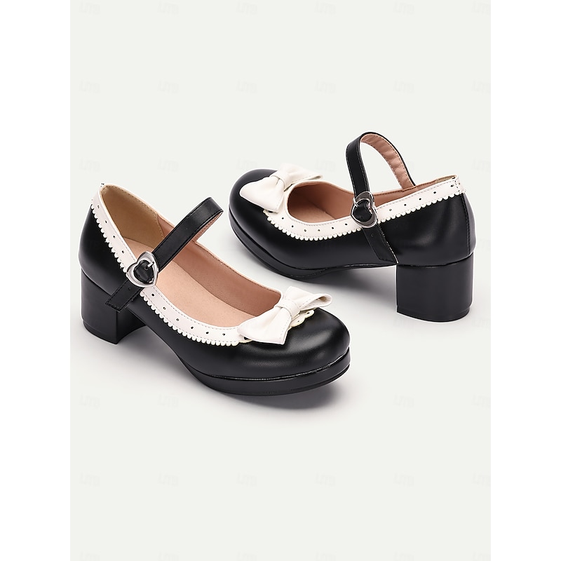 Women's Black and White Mary Jane Heels with Bow Detail and Buckle Strap - Vintage-Inspired Shoes for Parties and Formal Events2