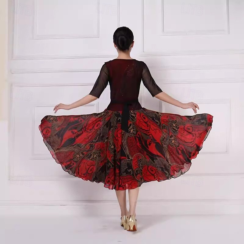 Ballroom Dance Dress Printing Splicing Women's Performance Party Half Sleeve Spandex Imitation Silk2