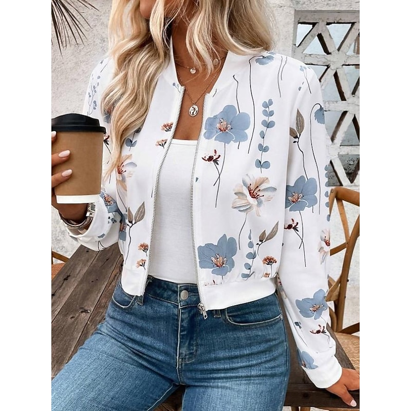 Women's Jacket Party Zipper Floral Windproof Fashion Regular Fit Outerwear Long Sleeve Fall White S3