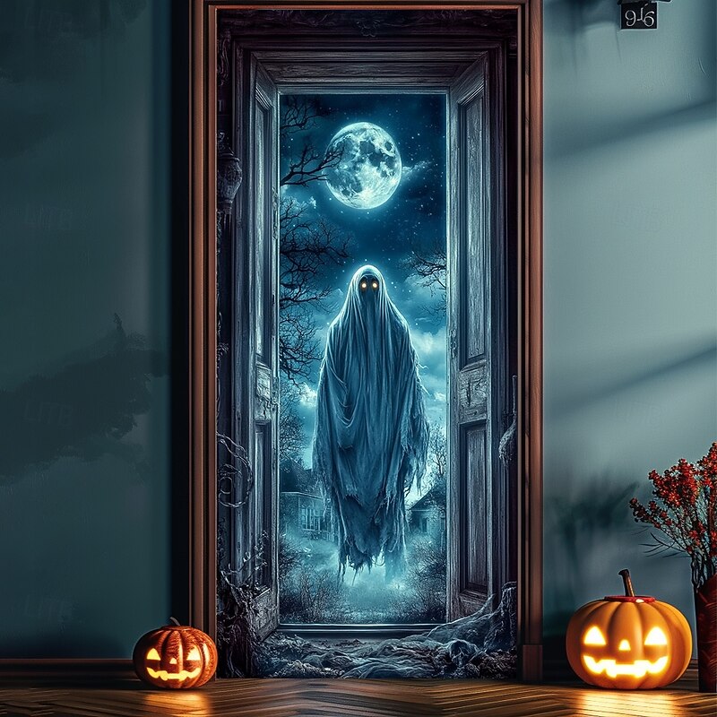Halloween Door Decorations Halloween Door Covers Werewolf Skeleton Door Tapestry Door Curtain Decoration Backdrop Door Banner for Front Door Farmhouse Holiday Party Indoor Outdoor Decor Supplies 7