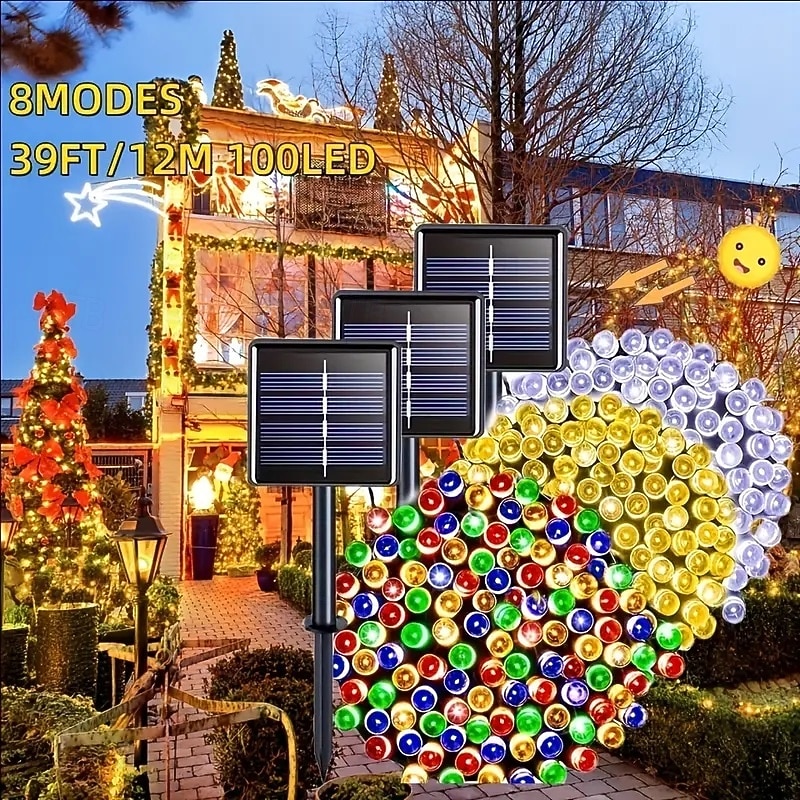 Solar Powered Colorful String Lights 39.37Ft/12M With 100 Leds 8 Lighting Modes Waterproof Outdoor Decor For Halloween Garden Parties Holidays Solar String Lights Outdoor Indoor Decoration 1/2PCS - Main Image