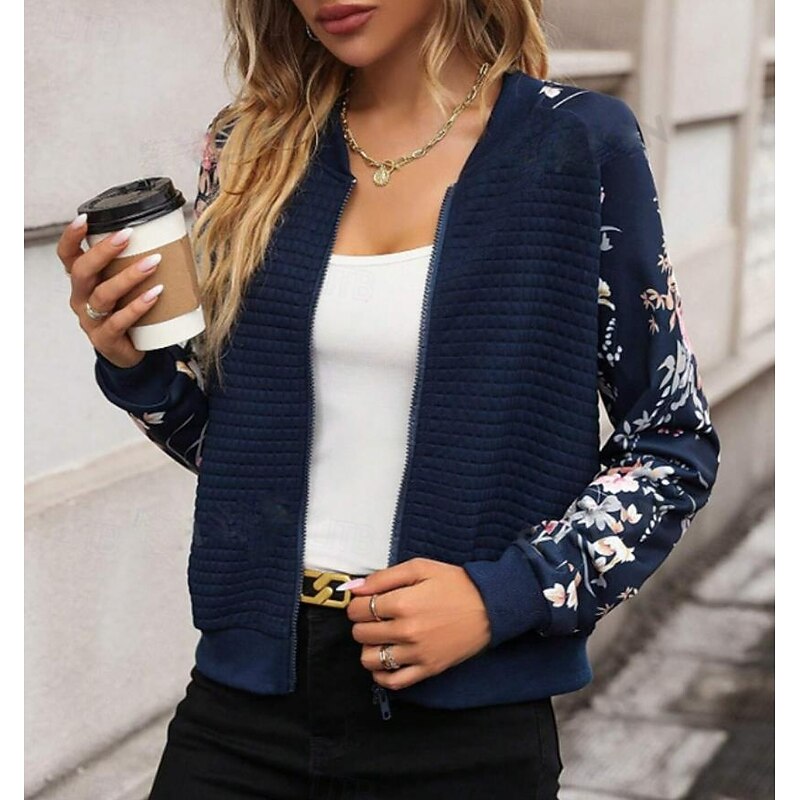 Women's Vacation Stand Collar Patchwork Floral Botanical Windproof Fashion Regular Fit Outerwear Long Sleeve Fall Navy Blue S