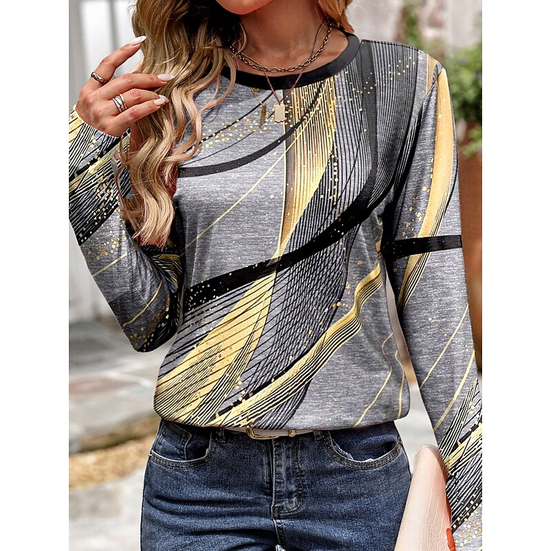 Women's T shirt Long Sleeve Crew Neck Long Sleeve Tunic Casual Print Regular Tops Daily Light Grey Spring Fall Prefall3