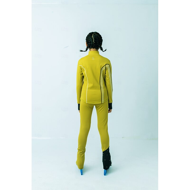 Figure Skating Fleece Jacket Figure Skating Pants Figure Skating Jacket with Pants Women's Girls' Ice Skating Jacket Tights Outfits Black Yellow Patchwork Thumbhole Spandex Stretchy Training Practice3
