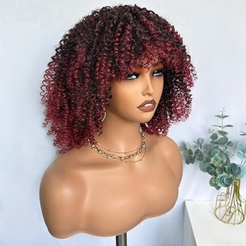 Afro Kinky Curly Wigs for Black Women Short Natural Black Curly Afro Wig with Bangs Synthetic Glueless Full Wig Heat Friendly Afro Bomb Curly Womens Wig2