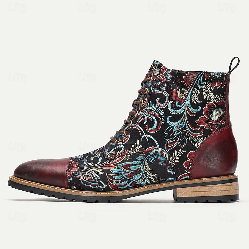 Men's Premium Leather Floral Oxford Boots – Vintage Paisley Design, Bohemian Lace-Up Ankle Boots, Perfect for Casual Outings & Formal Occasions4