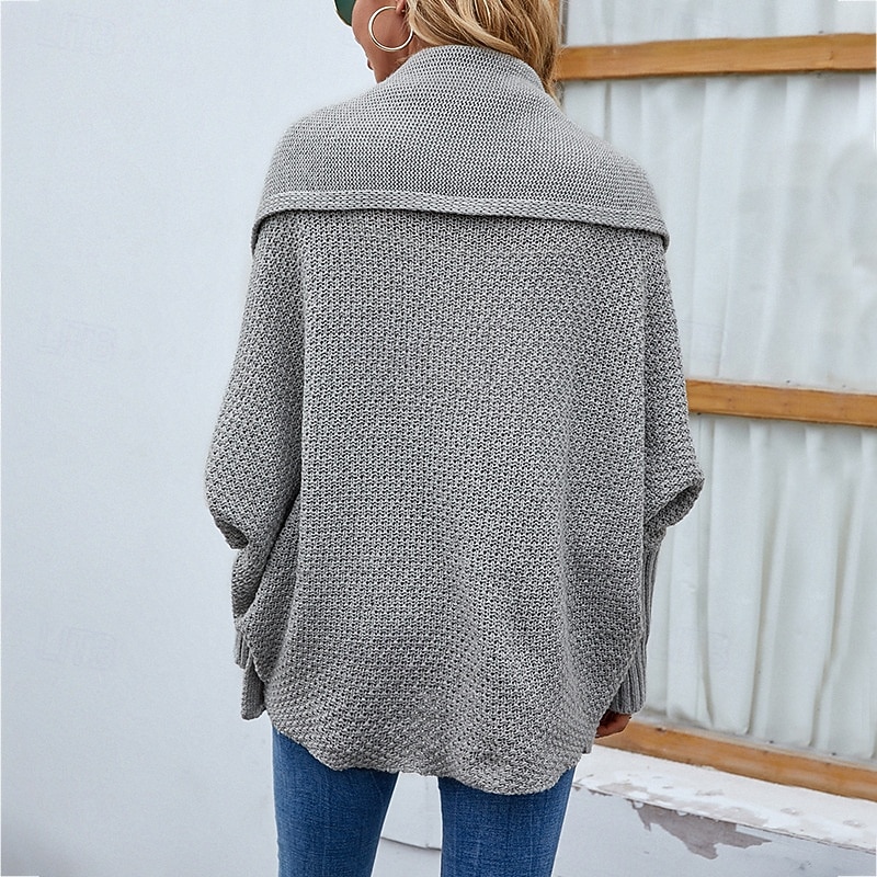 Women's Sweater Jacket Casual Soft Pure Color Shirt Collar Patchwork Long Sleeve Regular Tops Knit Outdoor Daily Weekend Gray Fall Winter2
