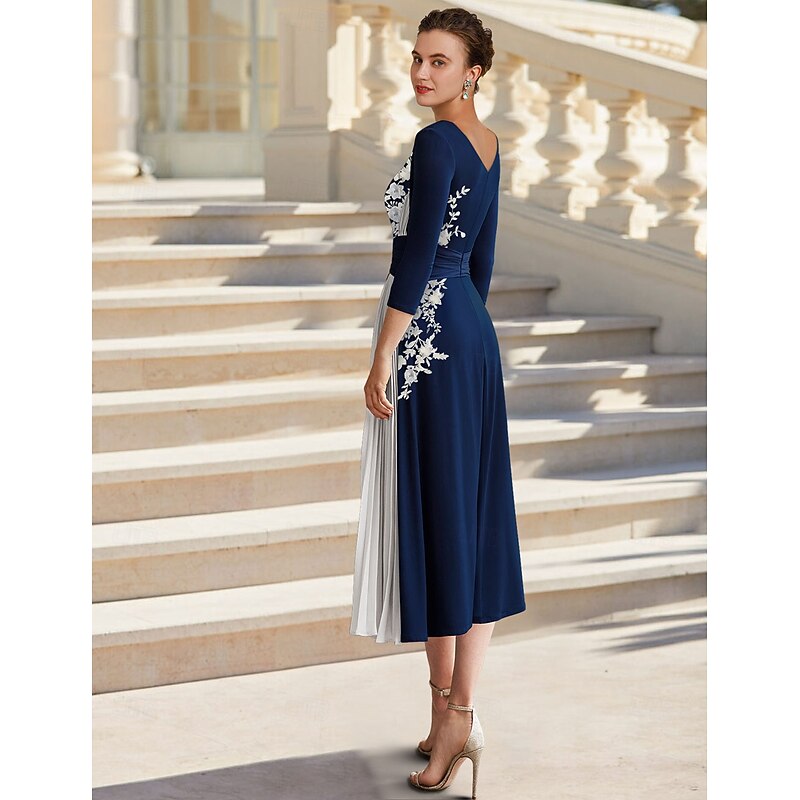 A-Line Mother of the Bride Dress Elegant Simple Jewel Neck Tea Length Stretch Chiffon Stretch Fabric 3/4 Length Sleeve with Beading Appliques Flower2