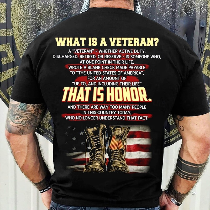 Men's Patriotic Veteran T-Shirt - 'What is a Veteran? That is Honor.' USA Flag & Military Boots Graphic Tee2
