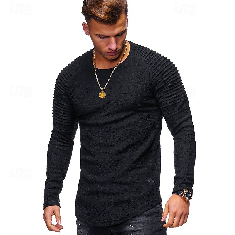 Men's T Shirt Tee Tee Top Long Sleeve Shirt Long Sleeve Crew Neck Spring &  Fall Plain Slim Pleated Fashion Designer Basic Patchwork Vacation Street Going out Black White Army Green Top Tee for Men4