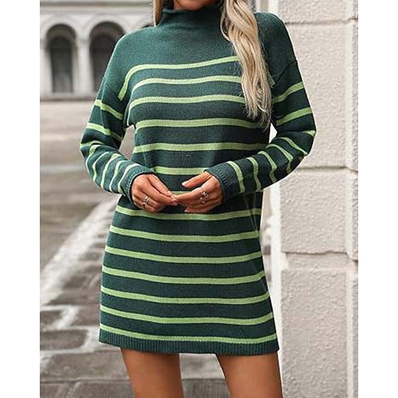 Women's Sweater Dress Casual Striped Mock Neck Print Long Sleeve Regular Tops Knit Work Daily White / Black Green Fall Winter3