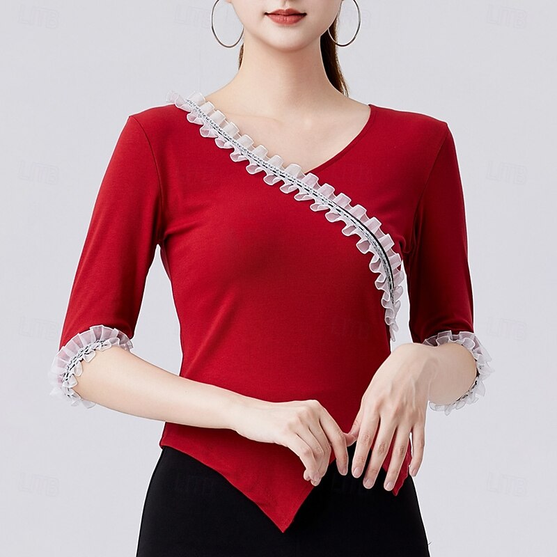 Latin Dance Top Pure Color Ruffle Splicing Women's Performance Training Half Sleeve High Polyester2