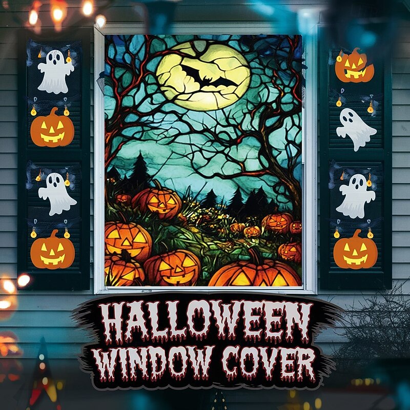 Halloween Window Cover Decorations, Fabric Stained Glass Pumpkin Halloween Curtain Poster Window Door Covering Decor for Haunted House, Scary Halloween Window Clings Decals Indoor Outdoor3