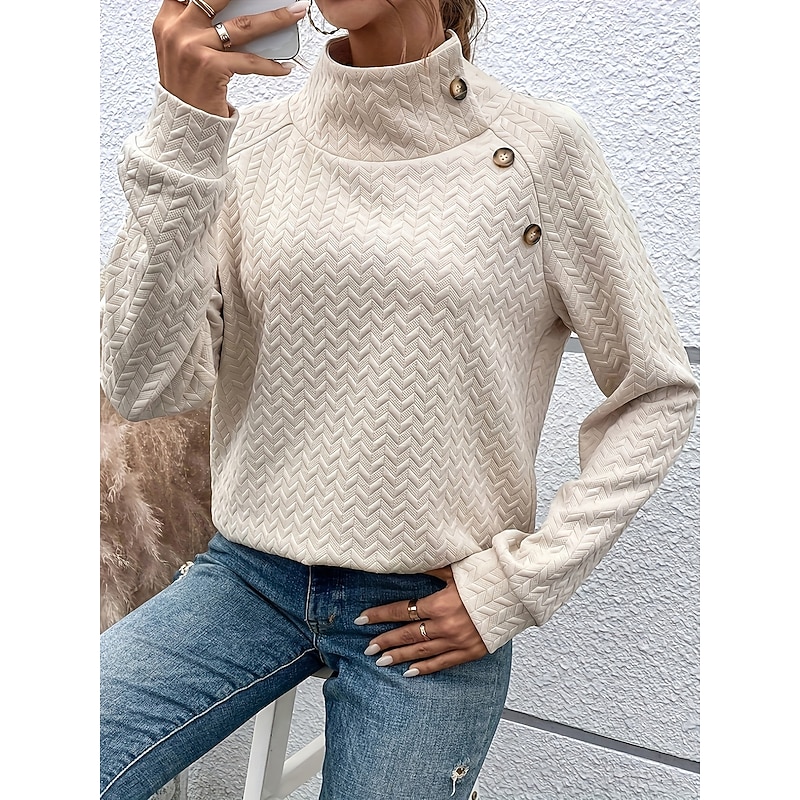Women's Designer Sweatshirt Fashion Modern Plain Work Turtleneck Buttons Long Sleeve Khaki Spring Fall Winter