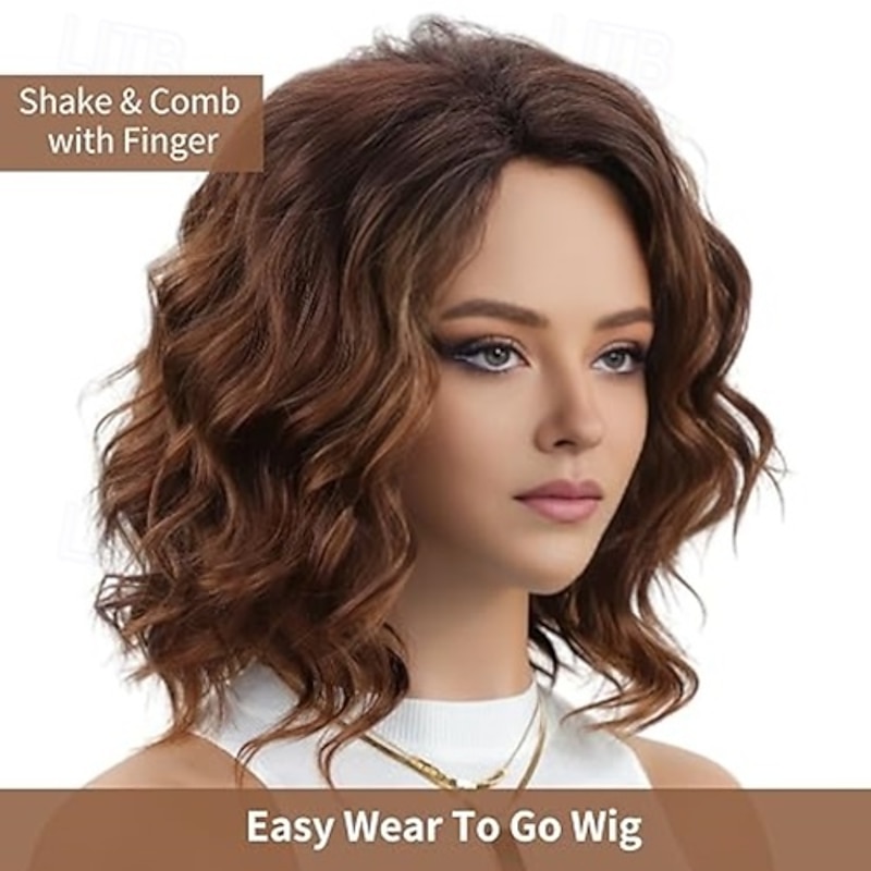 Layered Short Wavy Bob Wig Curly Wigs for Women Side Part  Heat Synthetic Wig4