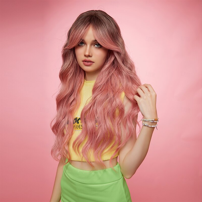 Synthetic Wig Uniforms Career Costumes Princess Wavy Loose Curl Middle Part Layered Haircut Machine Made Wig 26 inch Black / Pink Synthetic Hair Women's Cosplay Party Fashion Pink4