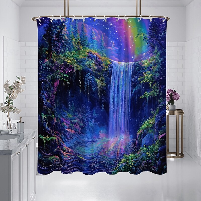 Shower Curtain with Hooks 180cm*180cm(70"*70") Polyester Washable Waterproof Forest Waterfall Pattern Bathroom Bathtub Decor3