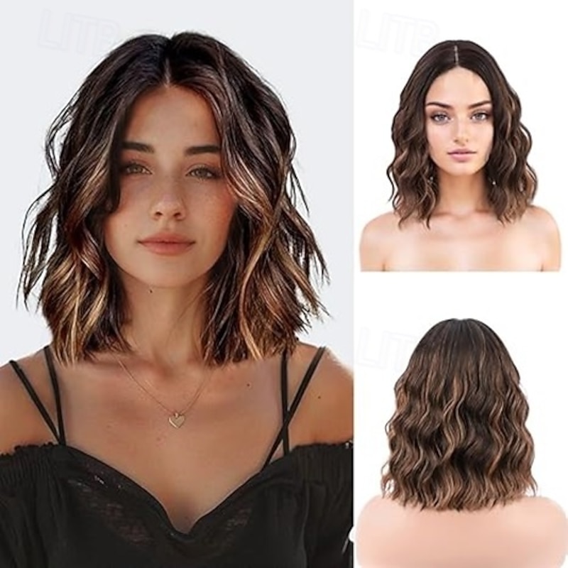 Short  Wigs Wavy Curly Bob Wig Shoulder Length Middle Part Wigs Natural Looking Synthetic Blonde Hair Wigs for Women Daily Party Use