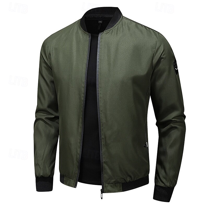 Men's Bomber Jacket Transition Jacket Going out Pocket All Seasons Plain Casual Standing Collar Regular Black Blue Army Green Gray Jacket2