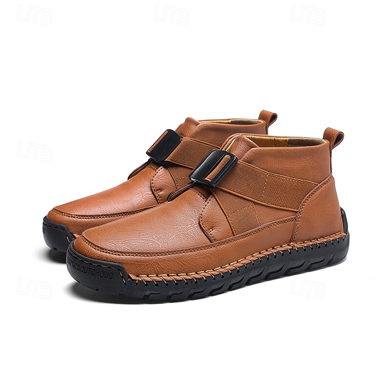 Men's Brown Faux Leather Ankle Boots with Handcrafted Stitching, Strap and Buckle Detail for Casual and Outdoor Style2