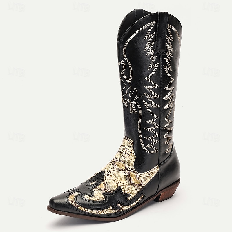 Men's Black and Snake Print Western Cowboy Boots - Exotic Leather with Intricate Embroidery for Rodeo and Casual Wear2