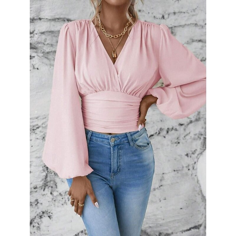 Women's Blouse Stylish Modern Solid Color Ruched Bell Sleeve Long Sleeve V Neck Work Daily Black White Pink Green Spring Fall Winter3
