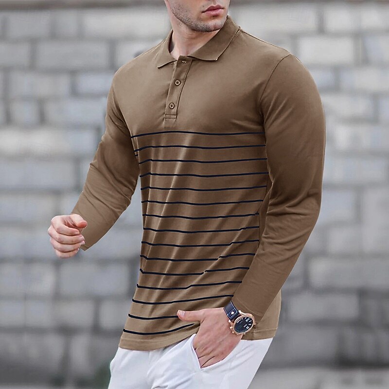 Men's Golf Shirt Golf Polo Work Casual Lapel Long Sleeve Basic Modern Stripes Button Spring &  Fall Regular Fit Wine Black Army Green Royal Blue Khaki Gray Golf Shirt4