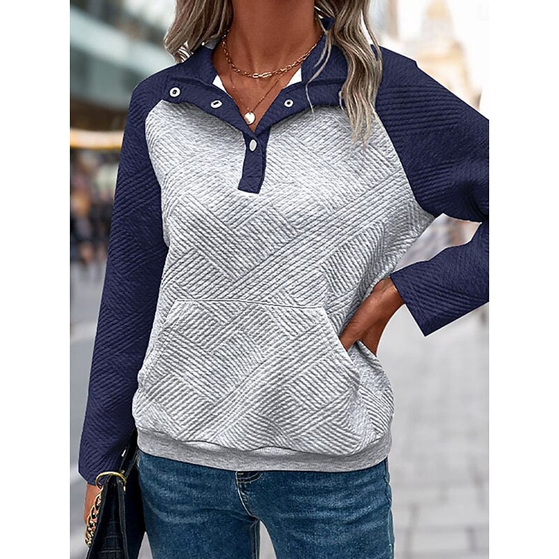 Women's Sweatshirt Casual Street Dailywear V Neck Patchwork Buttons Pocket Long Sleeve Navy Blue Fall Winter4