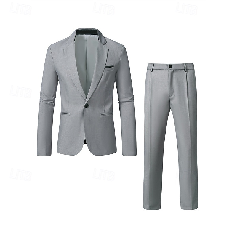 Men's Blazer Set Suits Business Cocktail Party Wedding Party Fashion Casual Spring &  Fall 65% Cotton Plain Pocket 2 Piece Comfortable Single Breasted Blazer Gray2