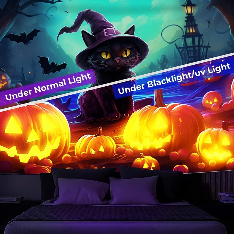Halloween Decorations Blacklight Tapestry UV Reactive Glow in the Dark Glow Party Jack O Lantern Pumpkins Psychedelic Trippy Misty Bat Hanging Tapestry Wall Art Mural for Living Room Bedroom Black Cat3