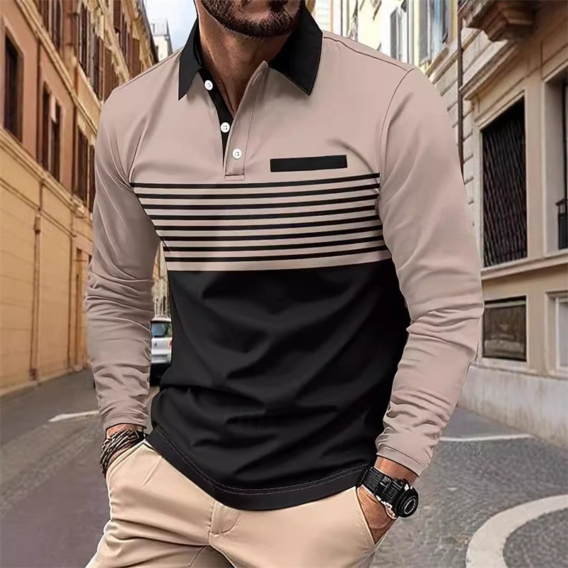 Men's Golf Shirt Golf Polo Work Casual Lapel Long Sleeve Basic Modern Stripes Button Pocket Spring &  Fall Regular Fit Pumpkin Pink Red Green Khaki Gray Golf Shirt4