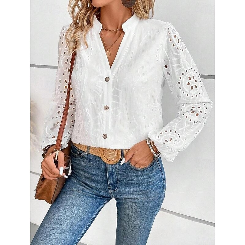 Women's Blouse Cotton Elegant Stylish Modern Solid Color Embroidered Hollow Out Lantern Sleeve Long Sleeve Regular Tops V Neck Daily White Spring Fall Winter