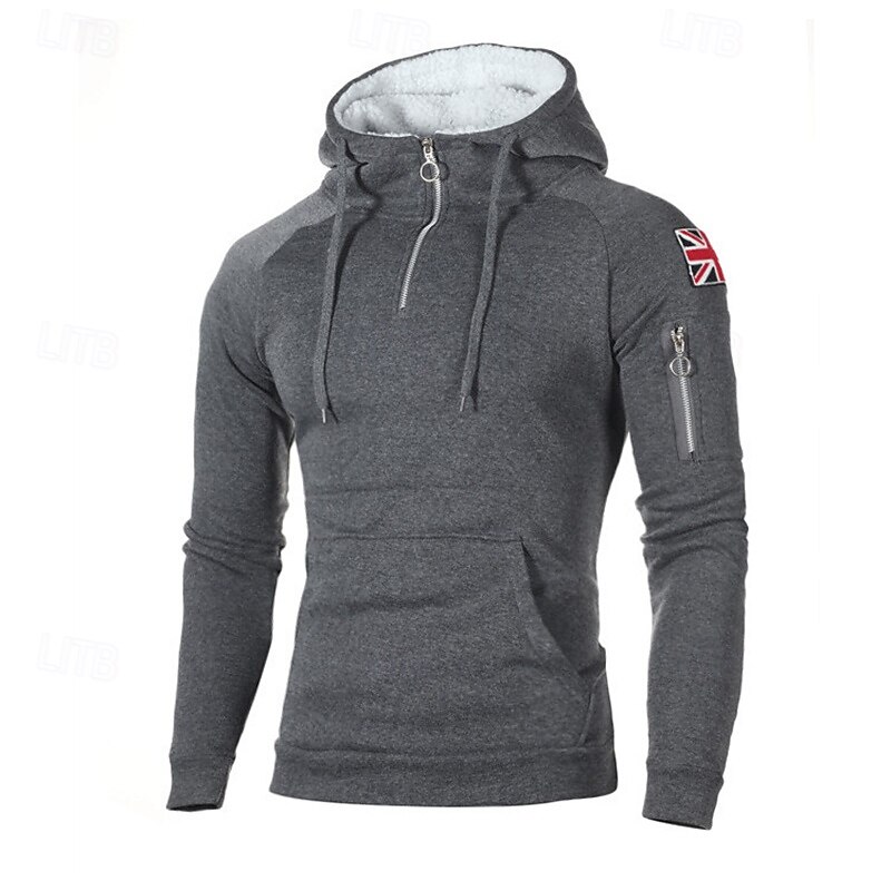 Men's Hoodie Polar Fleece Quarter Zip Hoodie Black Red Light Grey Dark Gray Hooded National Flag Pocket Sports & Outdoor Daily Holiday Streetwear Basic Casual Fall & Winter Clothing Apparel Hoodies 5