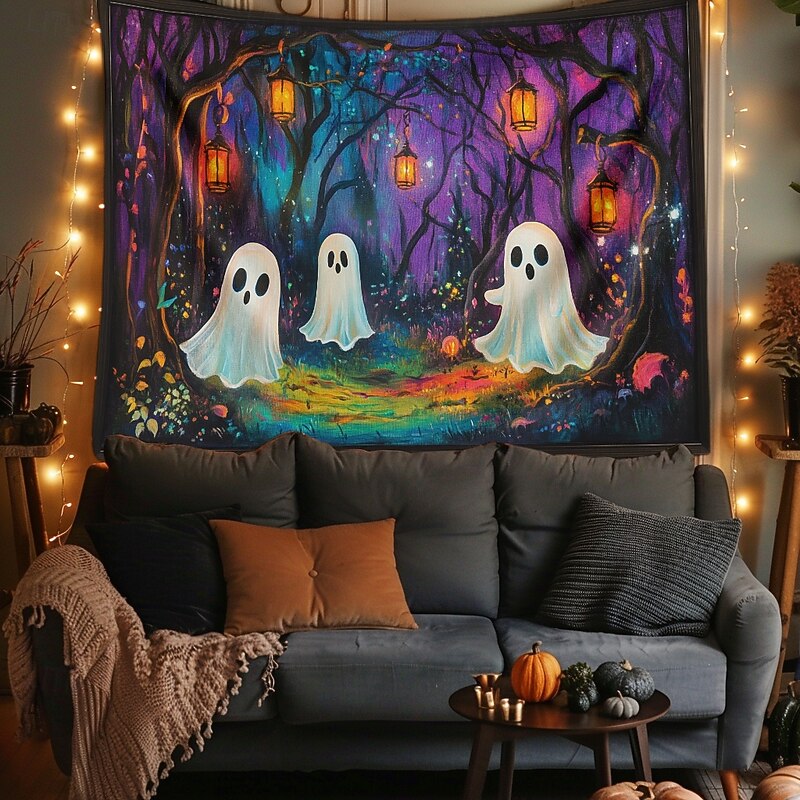 Halloween Decorations Hanging Tapestry Wall Art Large Tapestry Ghosts Forest Lighting Mural Decor Photograph Backdrop Blanket Curtain Home Bedroom Living Room Decoration2