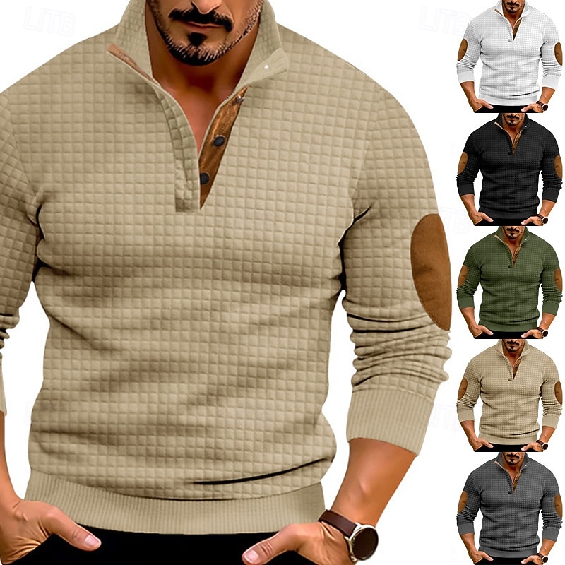 Men's Sweatshirt Waffle Sweatshirt Black White Army Green Khaki Dark Gray Standing Collar Color Block Patchwork Ribbed Textured Sports & Outdoor Daily Holiday Streetwear Basic Casual Spring &  Fall