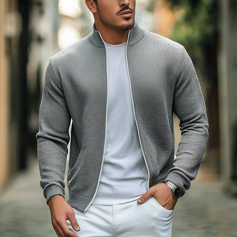 Men's Work Jacket Sweater Coat Hoodie Jacket Formal Home Warm Zipper Pocket Spring Fall Winter Solid Color Vintage Fashion Shirt Collar Regular Black Navy Blue Light Grey Jacket4