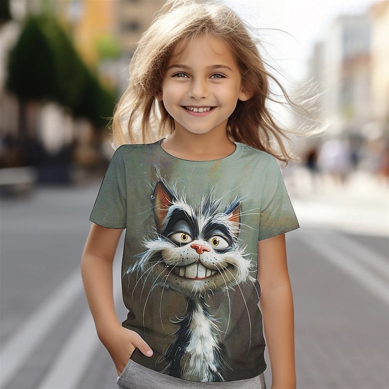 Girls' 3D Graphic Animal Cat T shirt Tee Short Sleeve Summer Spring Fashion Basic Kids 4-12 Years Crew Neck Outdoor Casual Daily Regular Fit