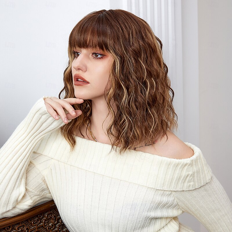 Cosplay Costume Wig Bouncy Curl Bob Neat Bang With Bangs Wig 14 inch Dark Brown Synthetic Hair Women's Elastic Adorable Comfortable Dark Brown2