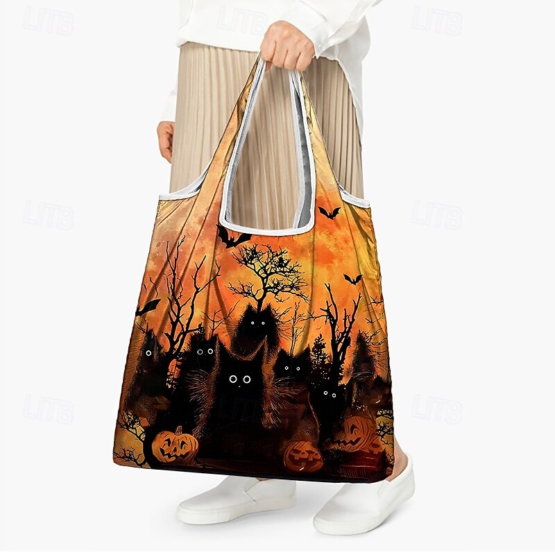 Halloween-Themed Tote Bag with Black Cat and Pumpkin Print - Large Reusable Shopping Bag for Festive Fall Occasions2