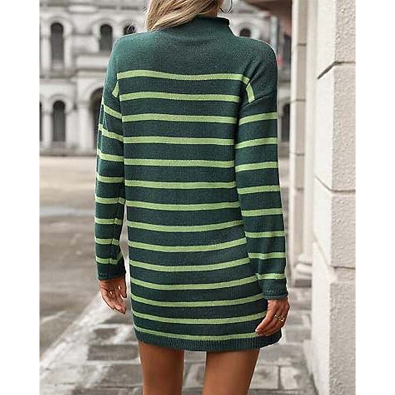 Women's Sweater Dress Casual Striped Mock Neck Print Long Sleeve Regular Tops Knit Work Daily White / Black Green Fall Winter2