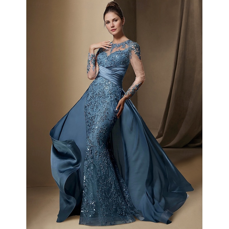 Mermaid Chrismas Dress Mother of the Bride Dress Wedding Guest Elegant Jewel Neck Sweep / Brush Train Stretch Satin Long Sleeve with Lace Sequin Ruching dress to impress