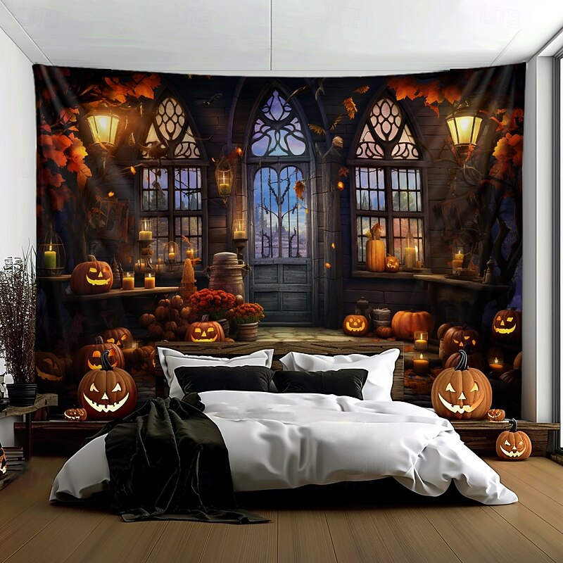 Halloween Decorations Pumpkins Window Hanging Tapestry Wall Art Large Tapestry Mural Decor Photograph Backdrop Blanket Curtain Home Bedroom Living Room Decoration 7